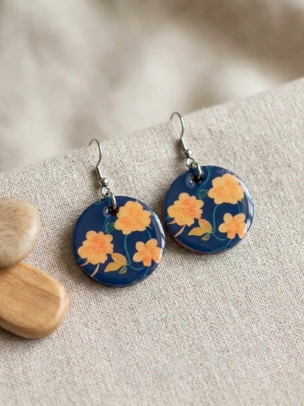 New - Navy and Yellow Floral Dangle Earrings - Handmade